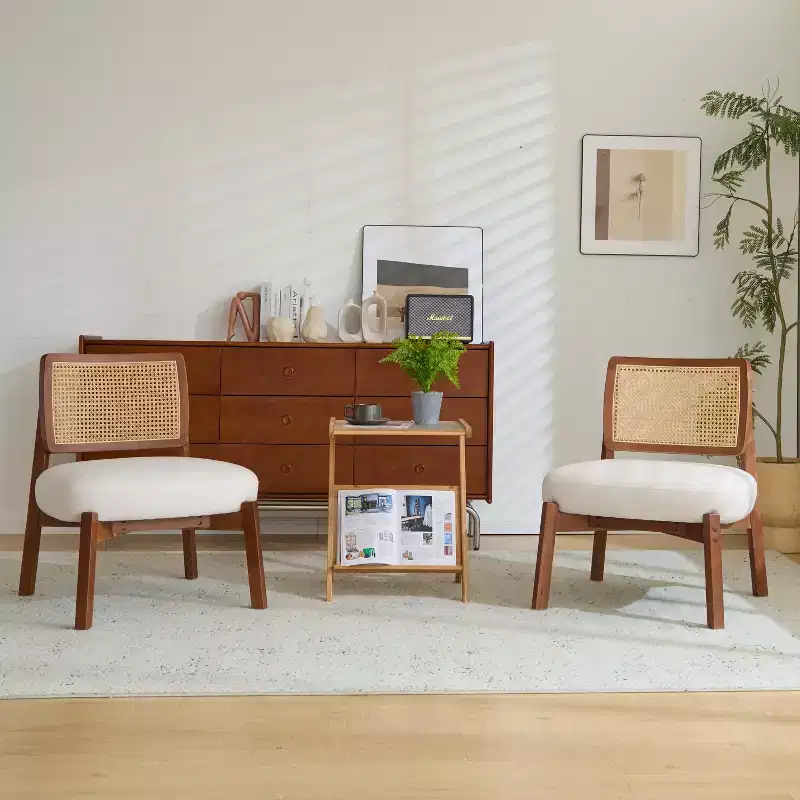 Set of 2 Accent Chair, Modern Lounge Chair Accent Seating with Woven Backrest, for Living Room, Bedroom, Beige -ModernLuxe