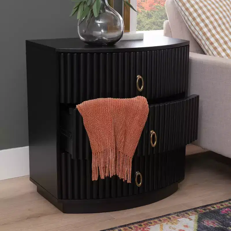 3-Drawer Nightstand Black Lacquer Gold Hardware