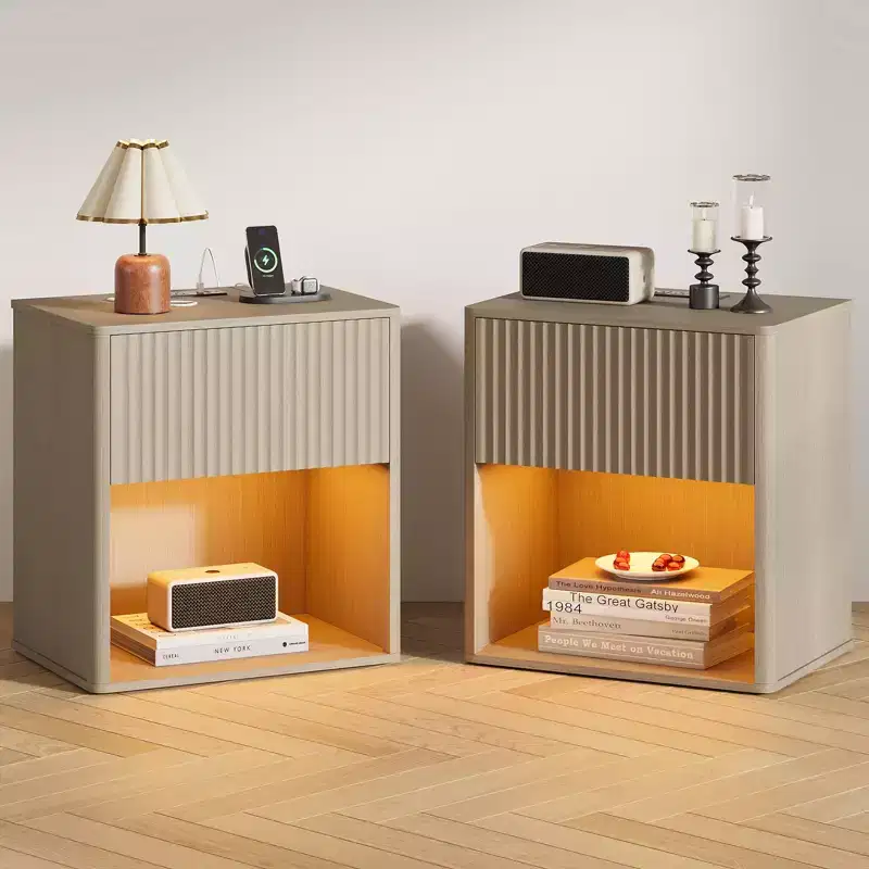 Set of 2 Fluted Nightstands w/ Charging Station & LED Light, Modern Wood End Table w/ Storage Drawer, Mid-Century Bedside Table for Bedroom