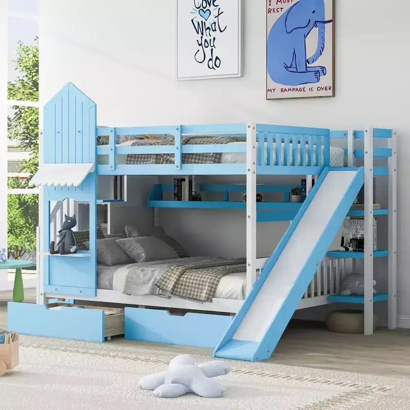 Full-Over-Full Bunk Bed with 2 Drawers 3 Shelves and Slide - Blue