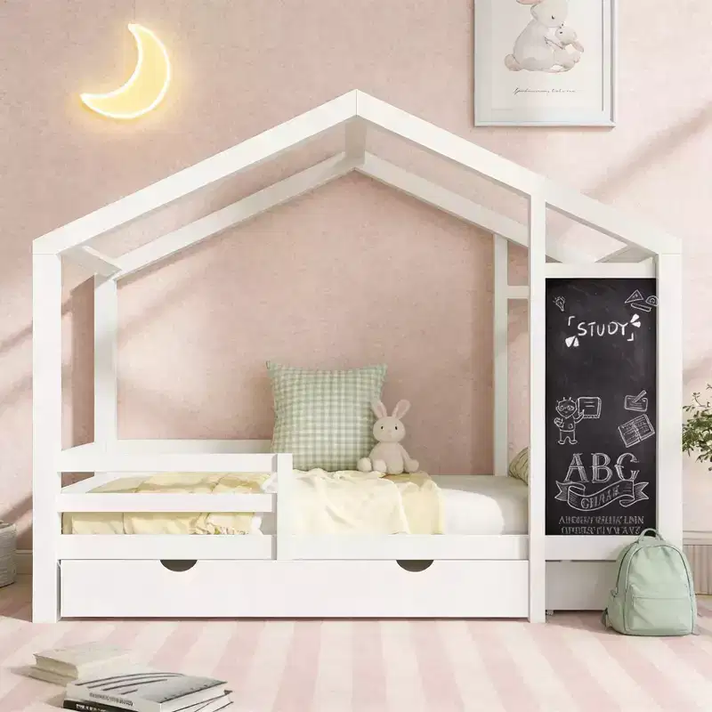 House Bed With 2 Large Drawers, Chalkboard and Fence, White
