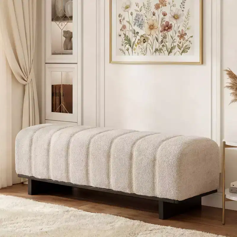 Modern Tufted Faux Fur Dining Bench with Rubberwood Legs, 63.62