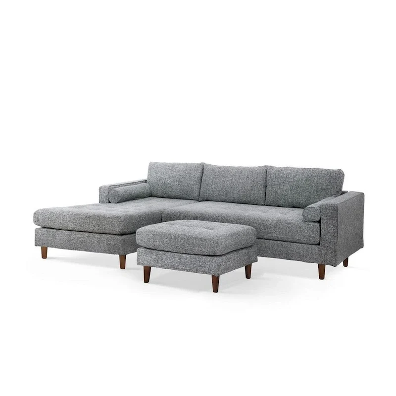 Ryle 104 Inch Sectional Sofa with Chaise and Ottoman, 2 Pillows, Gray Woven