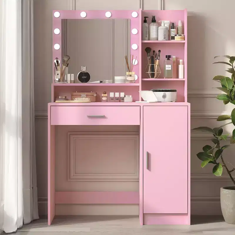 2-Tier Vanity Dresser with LED Touch Mirror & Large Drawer – Pink