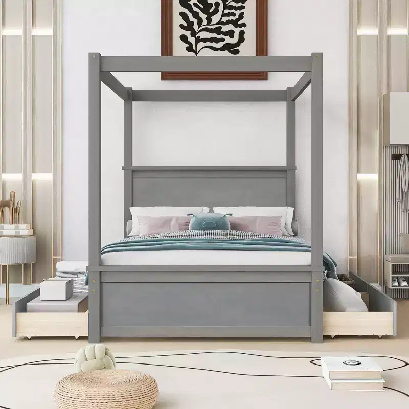 Full Size Wood Canopy Platform Bed with Trundle Bed/Two Drawers/Four Drawers/Trundle Bed and Two Drawers, 4L -ModernLuxe