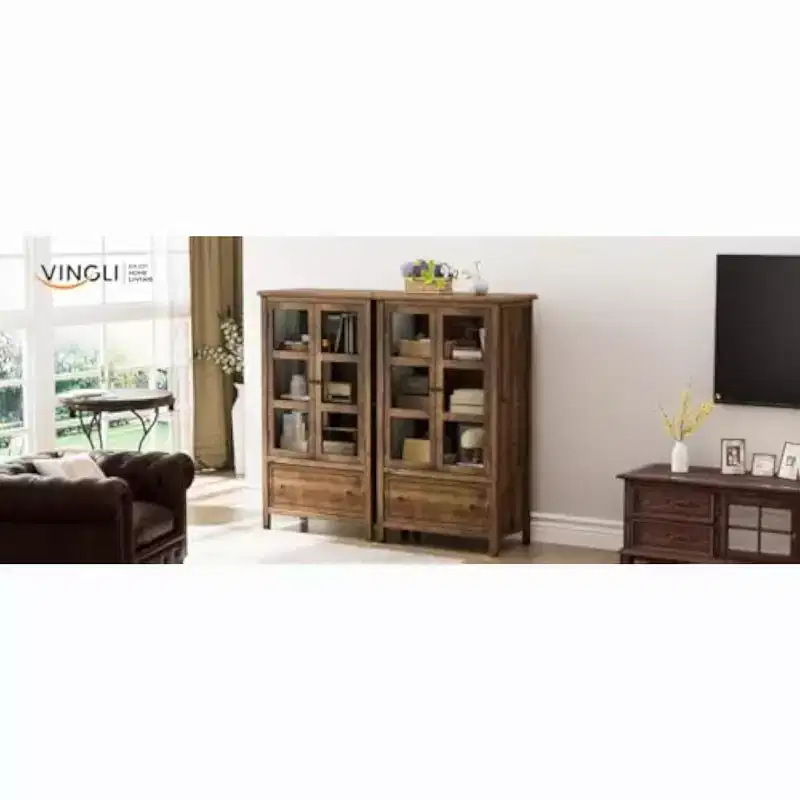VINGLI Rustic Storage Cabinet with Glass Doors & Drawer, Solid Wood Leg, Walnut Finish Showcase