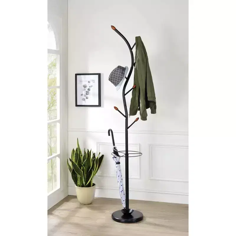 76" Billie Black Tree Coat Rack Walnut Hooks with Umbrella Stand - Ore International