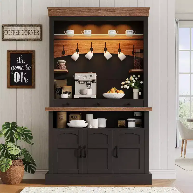 72 Tall Farmhouse Coffee Bar Cabinet with LED Light & Storage, Sideboard Buffet Hutch with Multi-Features for Multi-Room Use