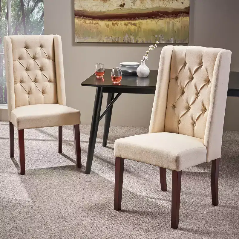Set of 2 Upholstered Dining Chairs with High Wingback & Button-Tufted Diamond Stitching — Multiple Colors