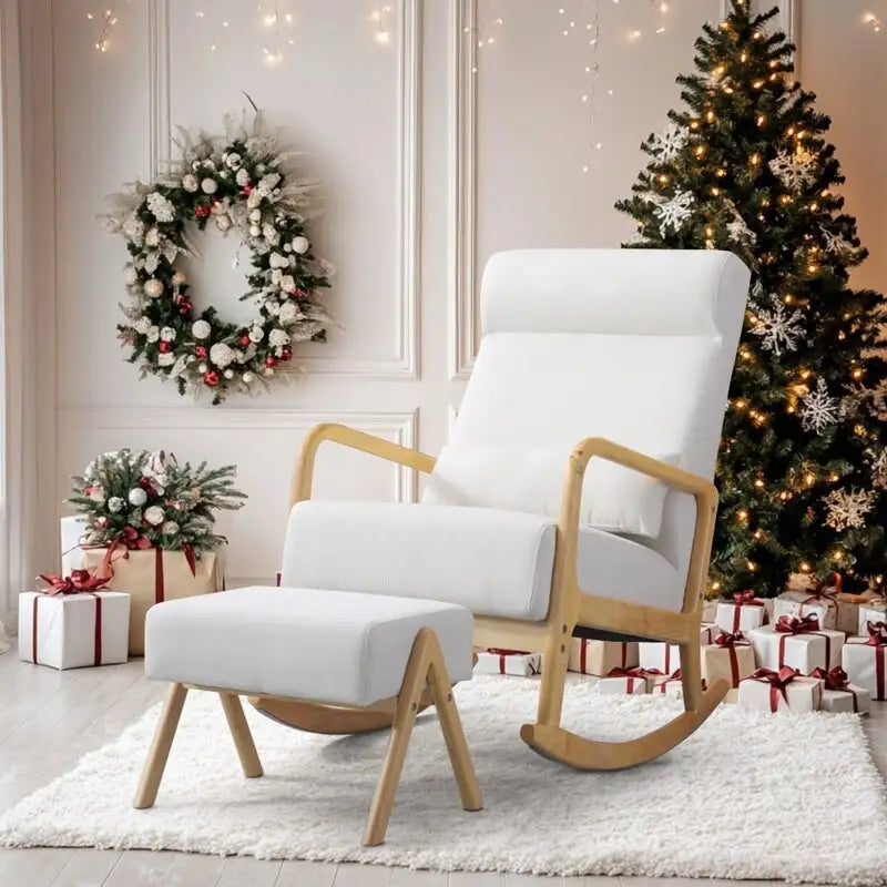 25.2 Wide Reclining Rocker Chair with Ottoman - High Back Rocking Chair, Soft Linen Fabric, Ergonomic Design