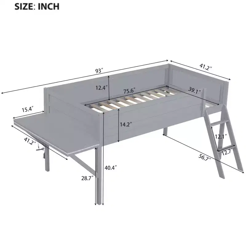 Wood Twin Size Gaming Loft Bed with Desk and LED, Wooden Bed Frame with Wood Desktop for Gaming Room