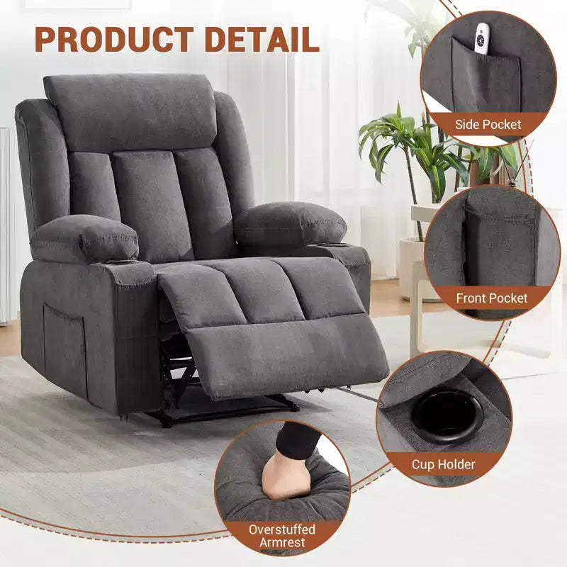Massage Rocker Recliner Chair, Comfy Overstuffed Rocking Chair with Side Pockets, Front Pockets and Cup Holder, Easy Assembly