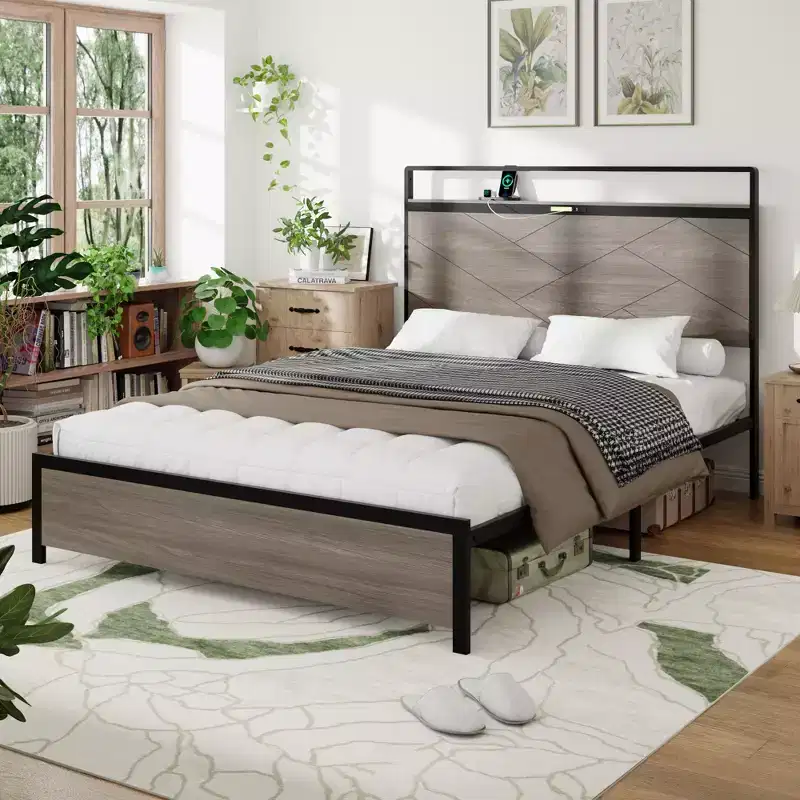 Full/Queen/King Size Platform Bed with LED Storage Headboard, Wooden Platform Bed Frame with 2 USB, Large Underbed Storage, Antique Grey