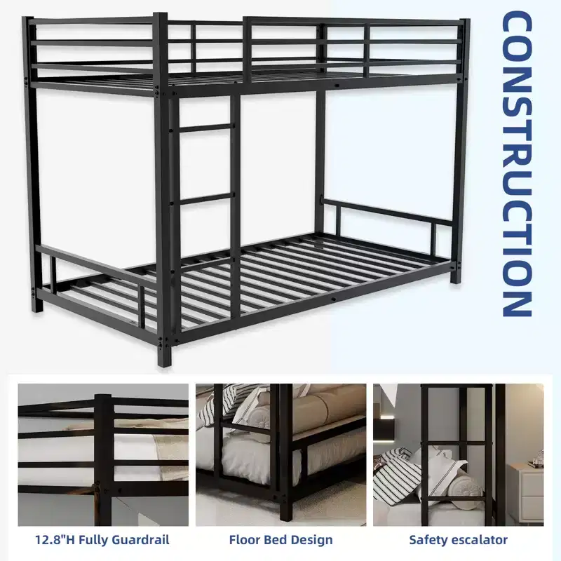 Modern Metal Bunk Bed with Safety Guardrail and Ladder Design