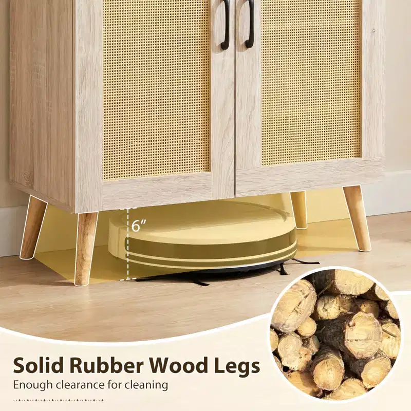 Costway Rattan Shoe Cabinet with 3 Removable Shelves,5-Tier Narrow Cabinet Wood Legs, Walnut/Natural