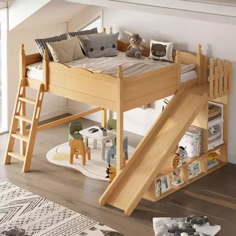 Bellemave Queen Loft Bed with Guardrail,Storage Shelves and Cabinet,Solid Wood Loft Bed Frame with Detachable Slide and Ladders for Kids,Natural