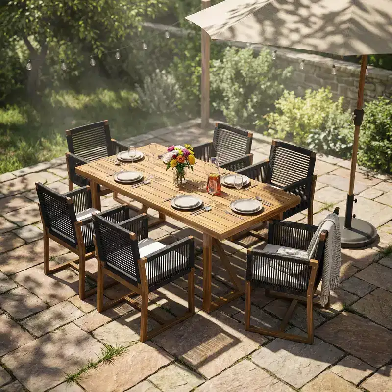 Christopher Knight Home Thrinot Modern 7 Piece Patio Acacia Dining Set with Slatted Table and Rope Design