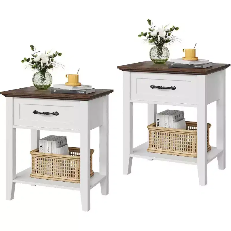 Nightstand with Storage Drawer & Open Shelf - Farmhouse End Table for Bedroom/Living Room