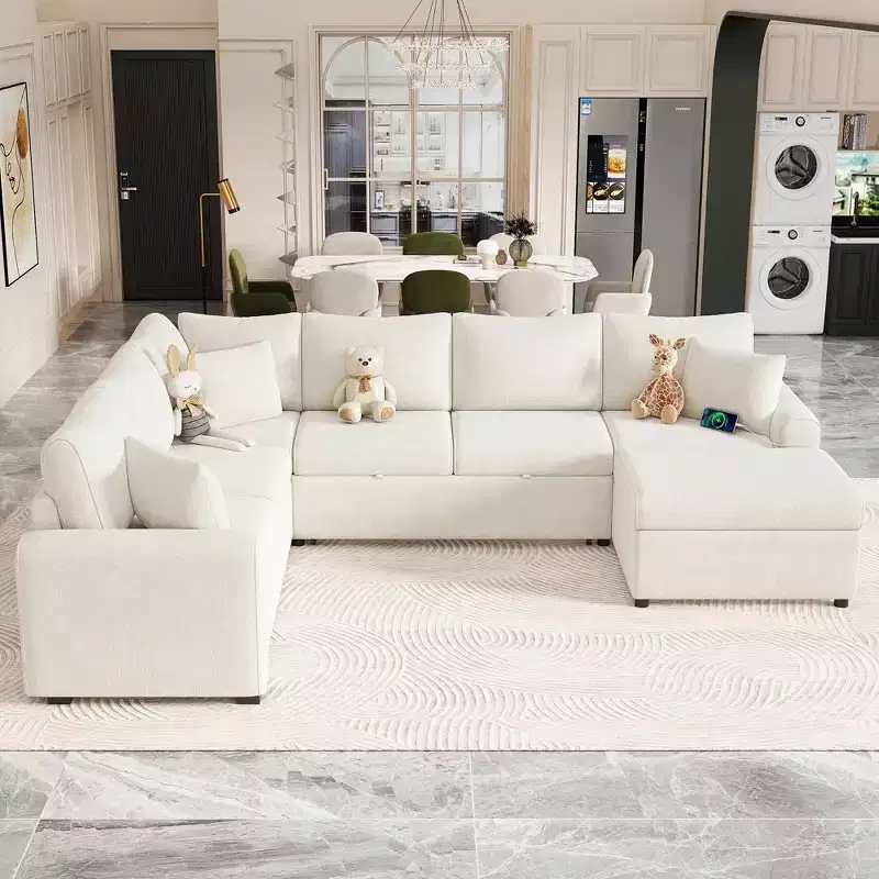 Whisen 112 Modern Sectional Sofa Pull-out Sofa Bed Sleeper with Storage Ottoman,Three Pillows, Charging Devices
