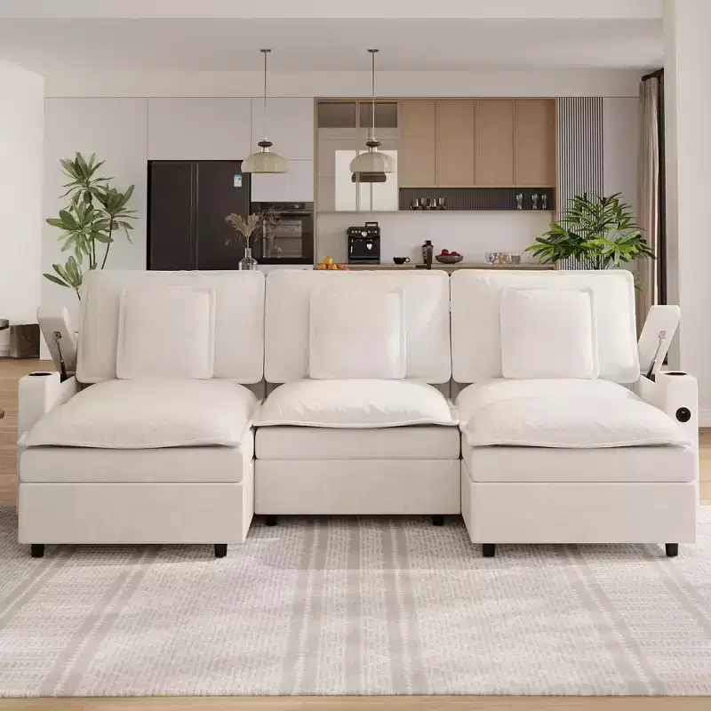 3-Seater Sectional Couches for Living Room, 108 Inch Chenille Modular U Shaped Cloud Couch with Storage Armrest and Movable Ottoman, Charging Station