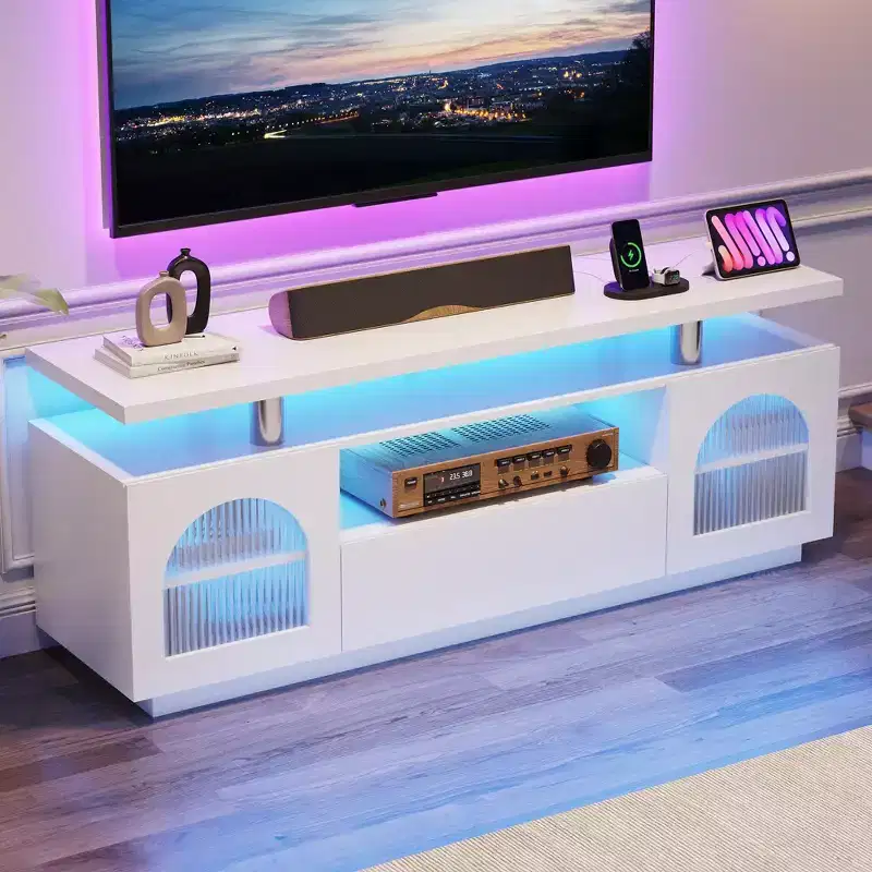 GustoWave Modern TV Stands for Living Room, 59 Entertainment Center with Power Outlets & LED Lights, White