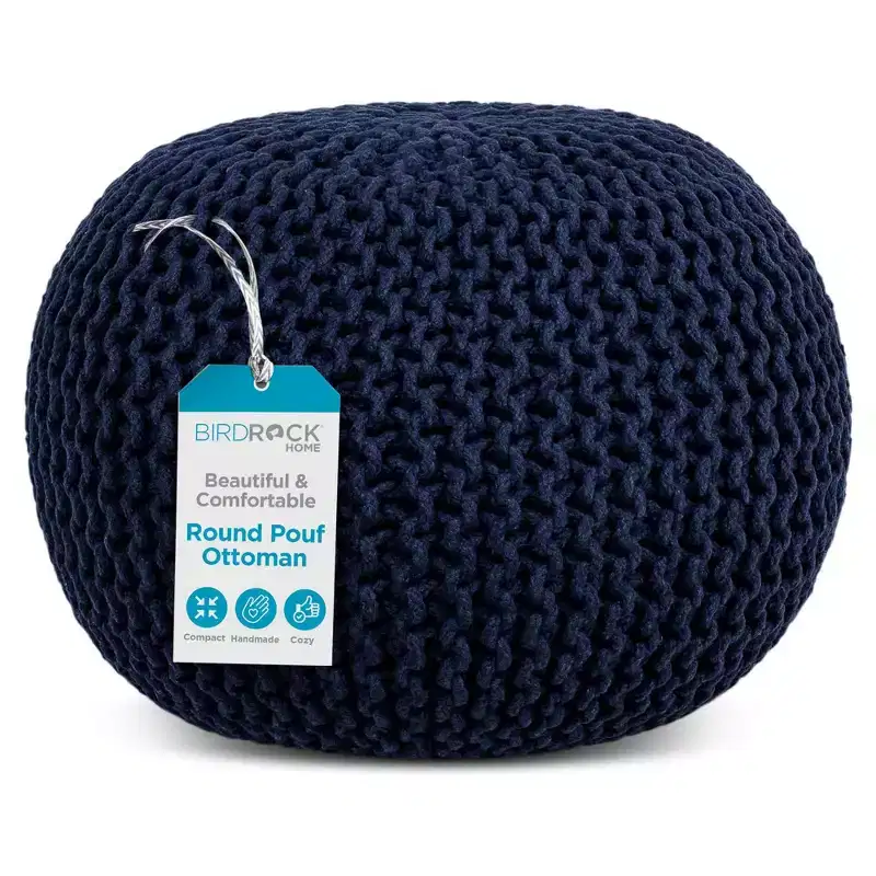 Round Knitted Pouf Foot Stool Ottoman - Navy