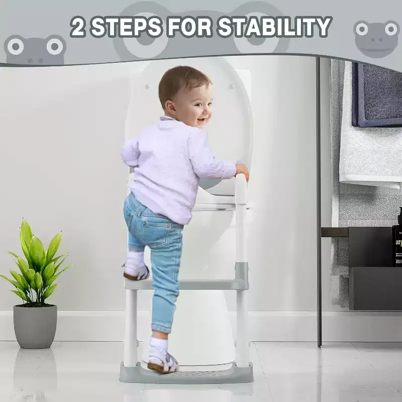 Potty Training Seat with Step Stool Ladder Toddler Kids Potty Seat with Handles Toilet Training Seat with Anti-Slip Safe Pads Adjustable Height Legs