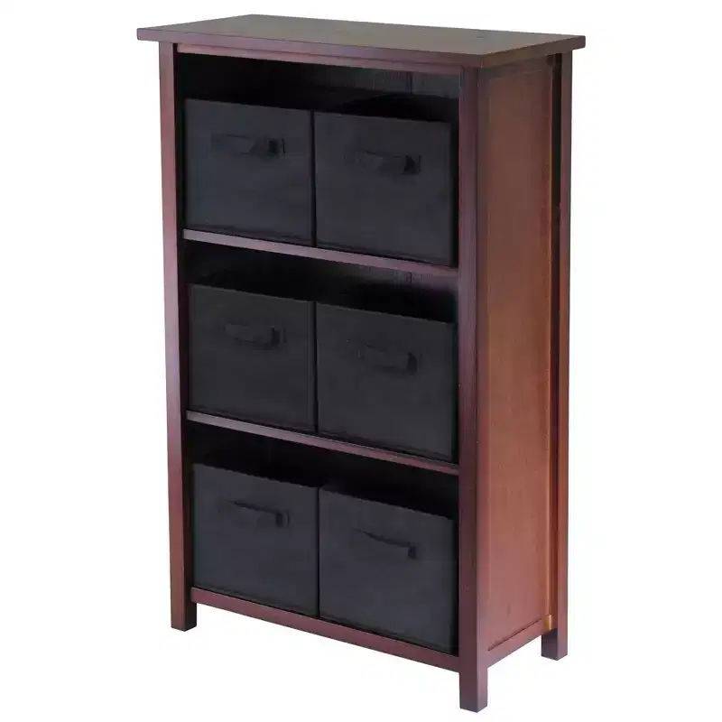 Walnut 3-Tier Storage Shelf with 6 Black Fabric Baskets