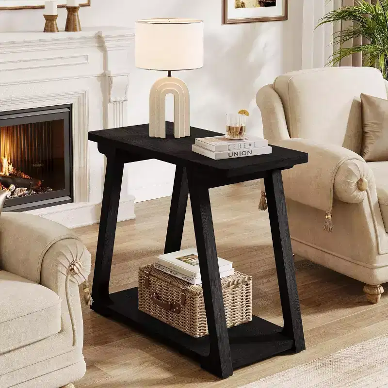 Lantine 2-Tier Solid Wood End Table, Rectangle Farmhouse Narrow Side Table with Trapezoidal Base for Living Room, Easy Assembly