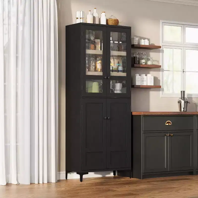 Kitchen Pantry Cabinet with Glass Doors, Freestanding Food Storage Cabinet with Adjustable Shelves