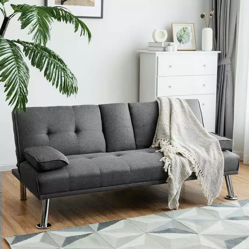Costway Convertible Folding Futon Sofa Bed Fabric w/2 Cup Holders Light Gray/Dark Gray