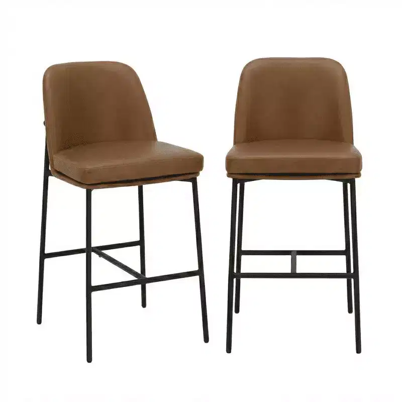 Ora Maison Bar Stools  Leather Counter Height Chairs with Backrest & Metal Legs for Bar, Set of 2, Brown