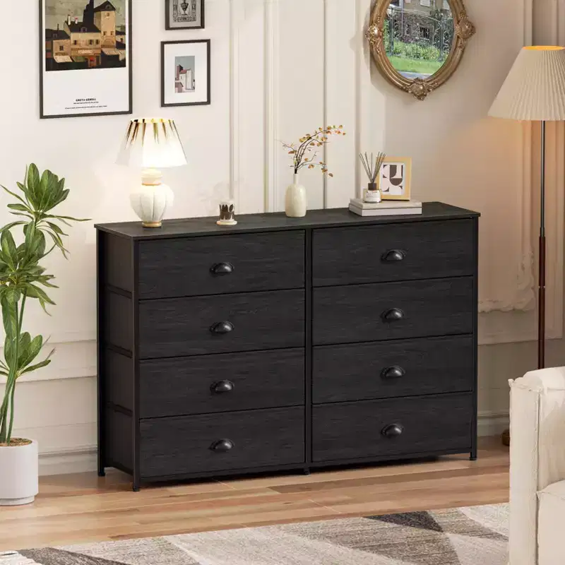 Wide 8 Drawer Dresser Fabric Storage Chest Organizer for 55 inch TV Stand Entertainment Center with Wood Top for Bedroom Living Room Entryway