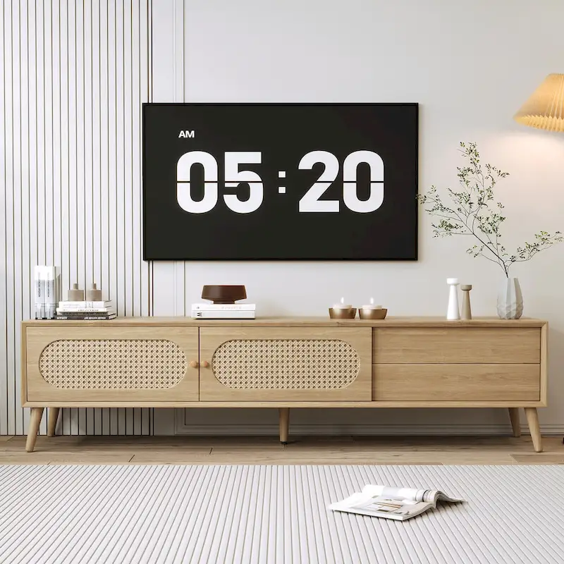 Natural Rattan TV Stand, Farmhouse Style, Fits TVs up to 80