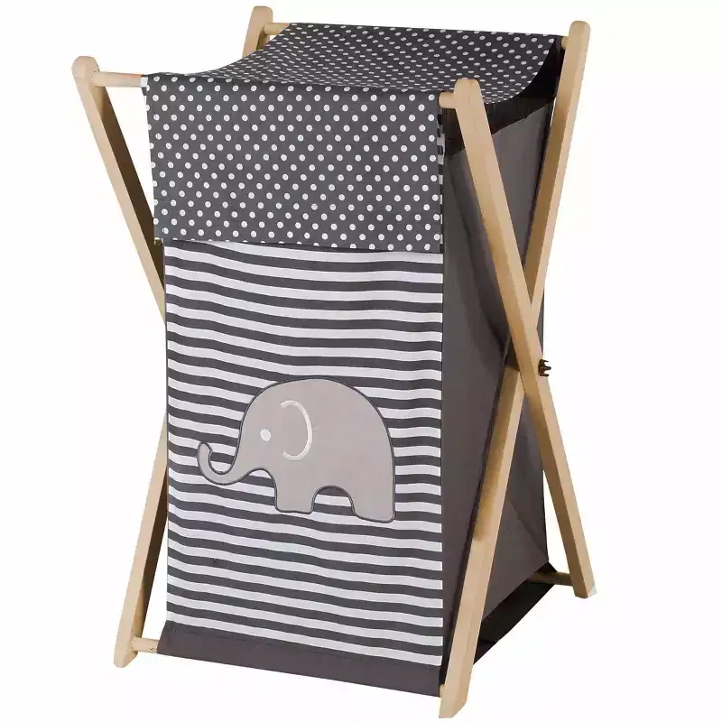 Elephants White/Gray Laundry Hamper with Wooden Frame
