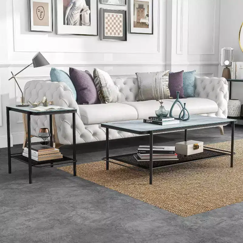 2pc Avalan Contemporary Marble Glass Coffee and End Table Set Black Coating/White - miBasics