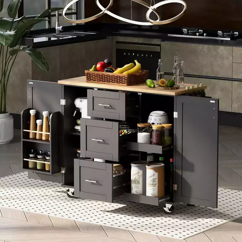 Okak Kitchen Island with Rubber Wood Top, Rolling Kitchen Island with 2 Slide-Out Shelf and Internal Storage Rack, Kitchen Cart with Spice Rack