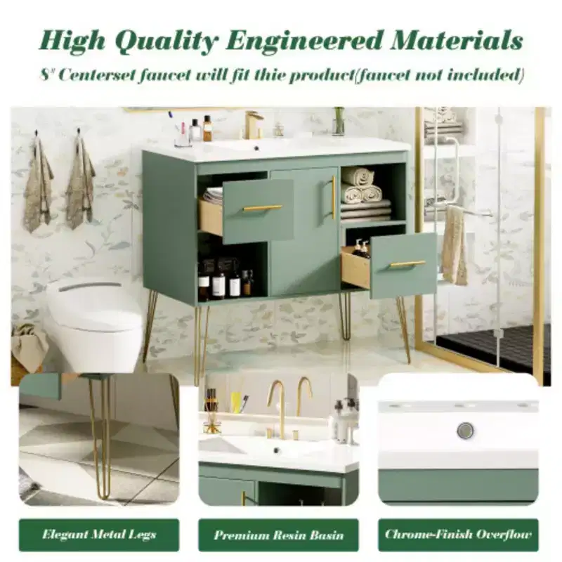 36in Bathroom Vanity with Top Sink, Resin Countertop, 2 Drawers, and 2 Open Storage Shelves, Storage Cabinet for Home Bathroom