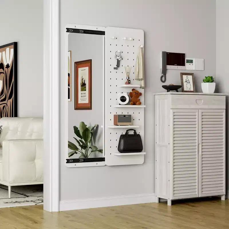 Wall Mounted Full-Length Mirror with Shelf, Hook & Sliding Panel
