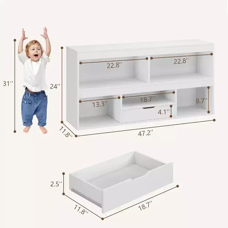 White 2-Tier Kids Bookshelf with 5 Cubbies & 1 Drawer