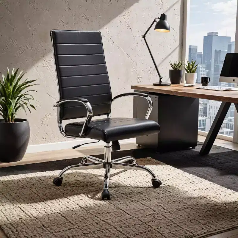LeisureMod Benmar High-Back Ribbed Leather Office Chair - Modern Swivel & Tilt Executive Desk Chair - Chrome Base