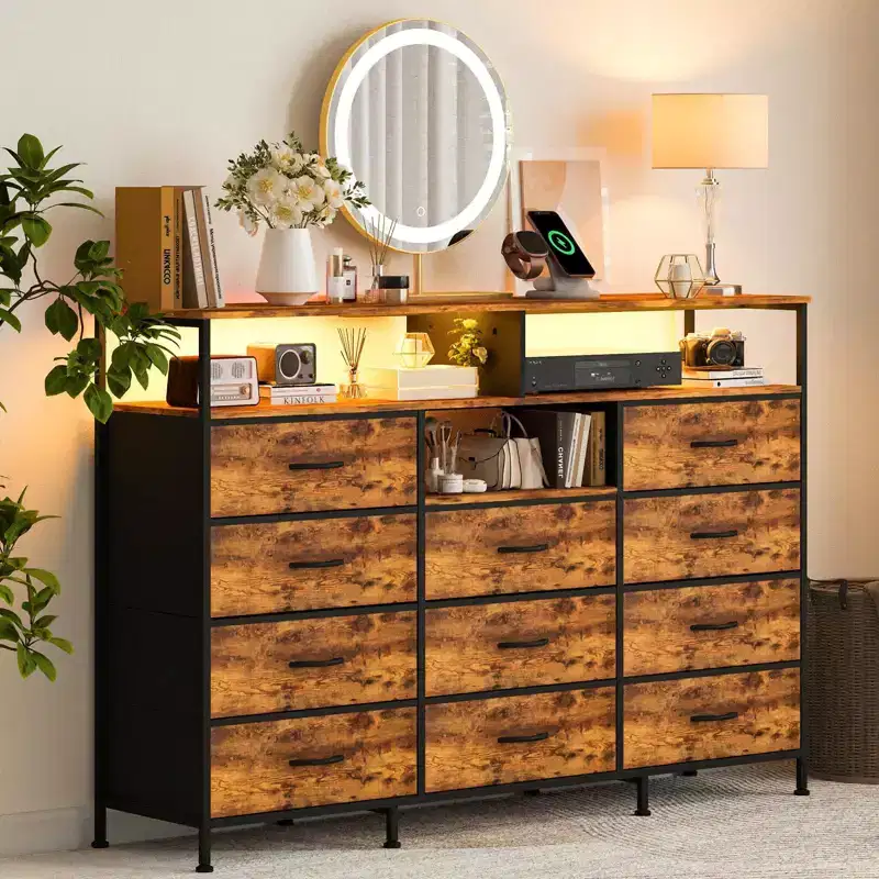 11-Drawer Fabric Dresser with LED Lights and Charging Station