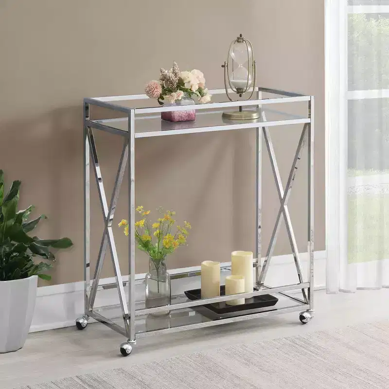 Chrome Glass Bar Cart with Shelf, Contemporary Style, Wheeled