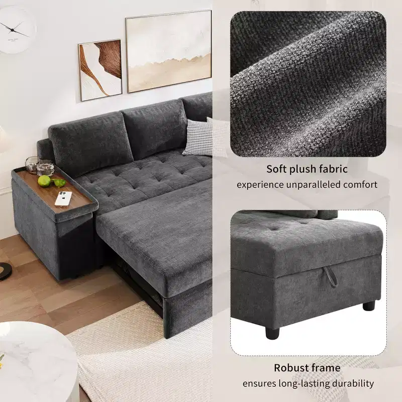 Whisen Convertible Sectional Sofa Bed with Storage, Pull-Out Sofa Set to Bed with Hidden Storage - Grey
