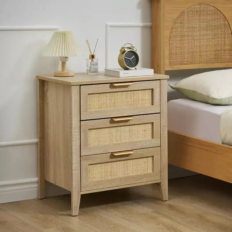 COZONY Rattan Nightstand - 3 Natural Wicker Drawers, Boho Storage Bedside Table for Bedroom, Living Room, Natural Wood Finish