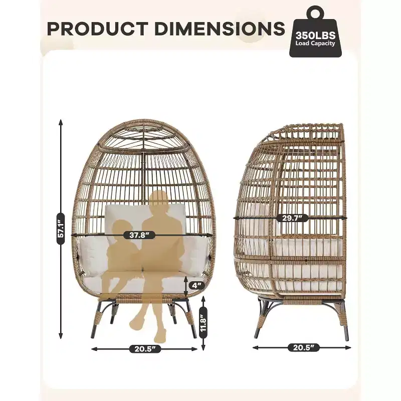 Oversize Rattan Egg Chair Outdoor Wicker Patio Lounge Chairs with Steel Frame Stand and 4 Cushions for Patio, Porch, Backyard, living rooms