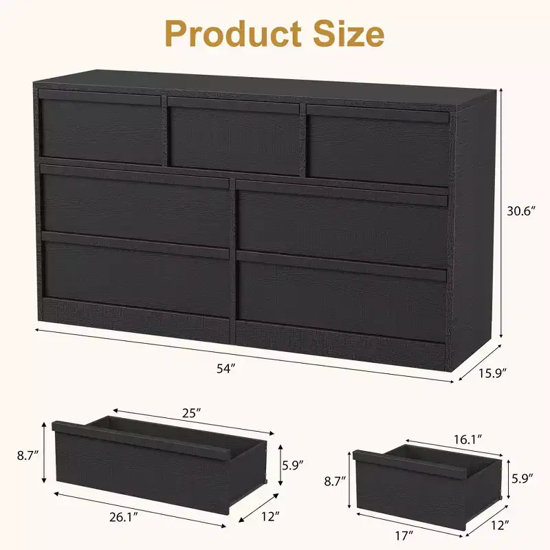 7 Drawer Dresser for Bedroom, Black Dresser Organizer with Concave Handles, Modern 7 Chest of Drawers for Bedroom Living Room Nursery