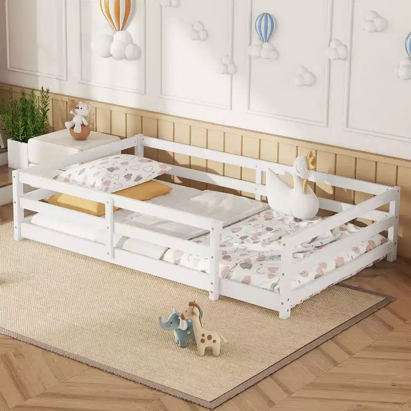 Bed Frame Twin/Full Size,Modern Low Profile Toddler Bed with Safety Rails, Solid Wood Frame for Kids Bedroom