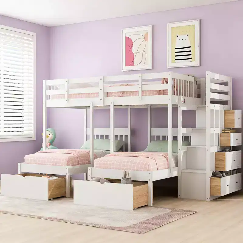 Luxystar Full Over Twin and Twin Wooden Bunk Bed with 6 Drawers and Stair