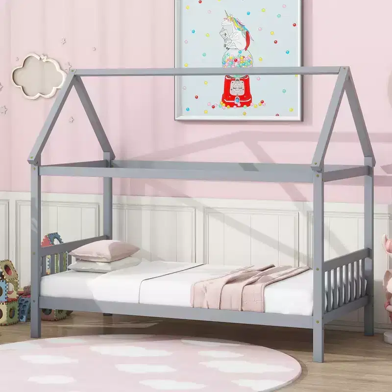 MAYEERTY Twin Rubber Wood Bed with House Frame Gray